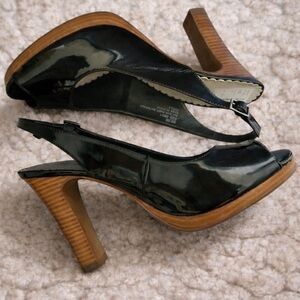 Miss Bisou "Captiva" Black Faux Patent Open-Toe Heels - Size 8.5